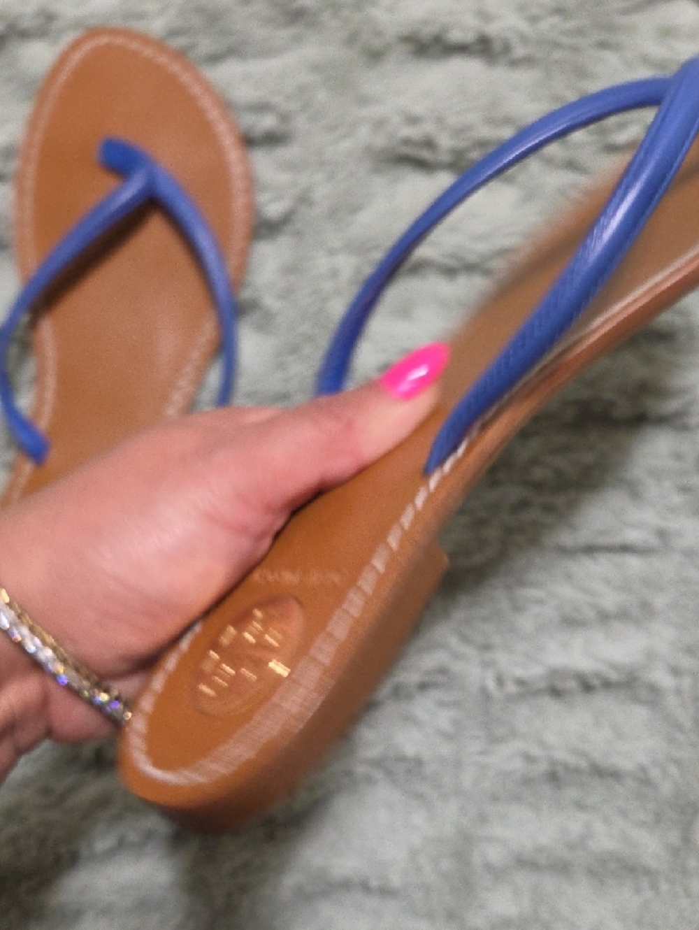 Tory Burch Blue Strap Tan Leather Flip Sandals - Picture 7 of 7
